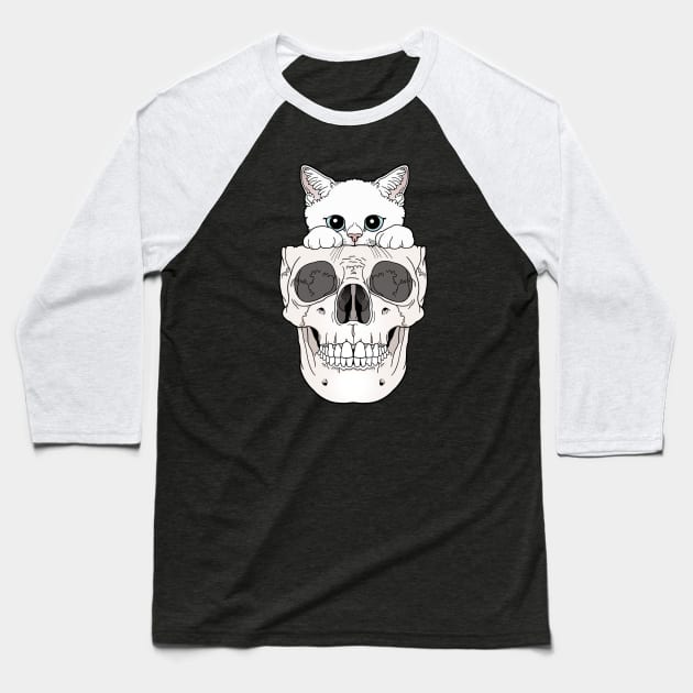 White Kitty & Skull Baseball T-Shirt by tiina menzel